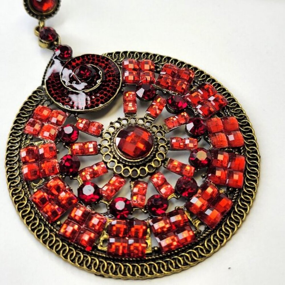Red Rhinestone Circular Statement Earrings - image 3